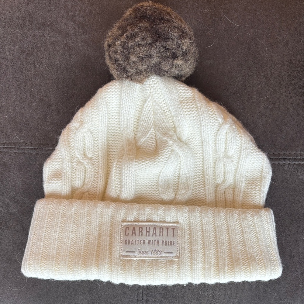 Never worn-Carhartt Womens White Cable Knit Beanie with Brown Pom